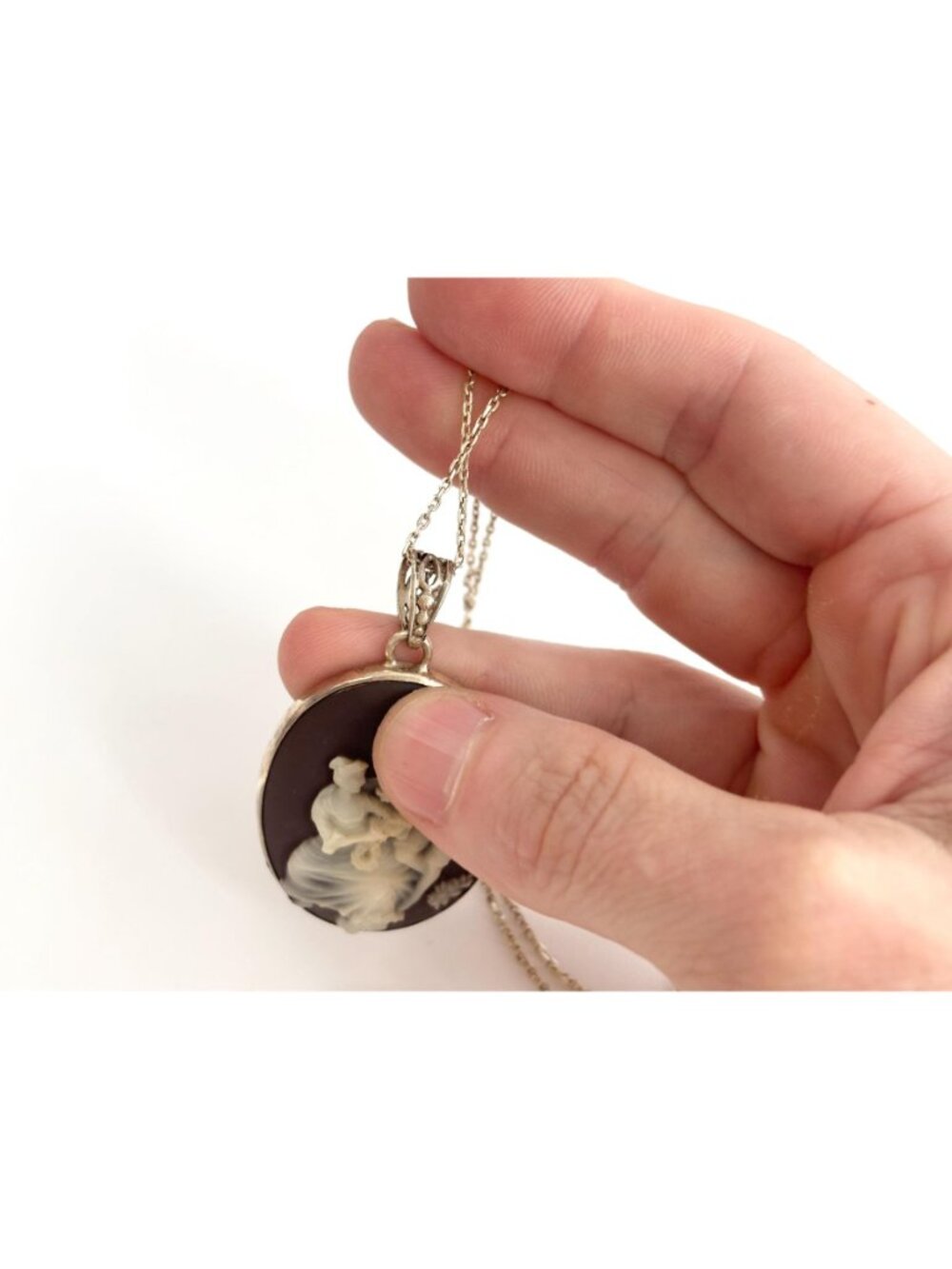 Courting Scene Brown & White Cameo Two Lovers 925 Vintage Pendant Necklace - 17" - Picture 12 of 16